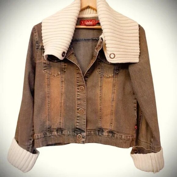 Vintage Earthy Rustic Sweater Jean Jacket Distressed w/brass snaps Sz M EUC - Picture 3 of 8